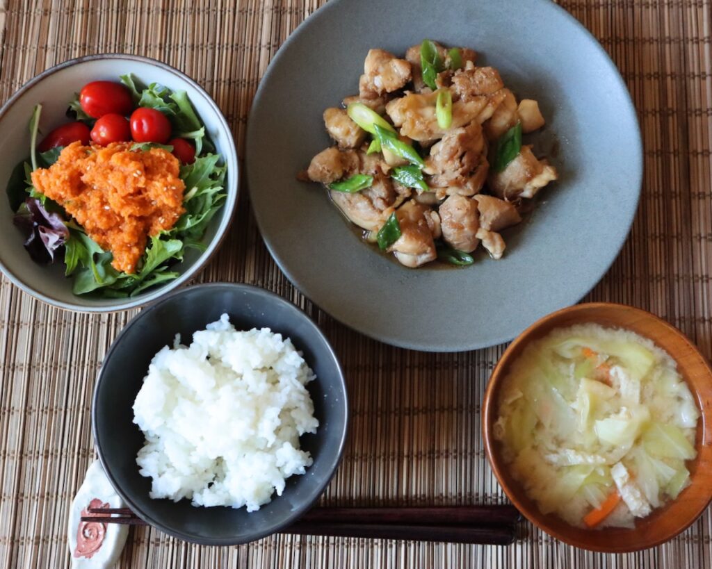 Typical Japanese Dinner (rice, miso soup, chicken teriyaki, and vegetable.)